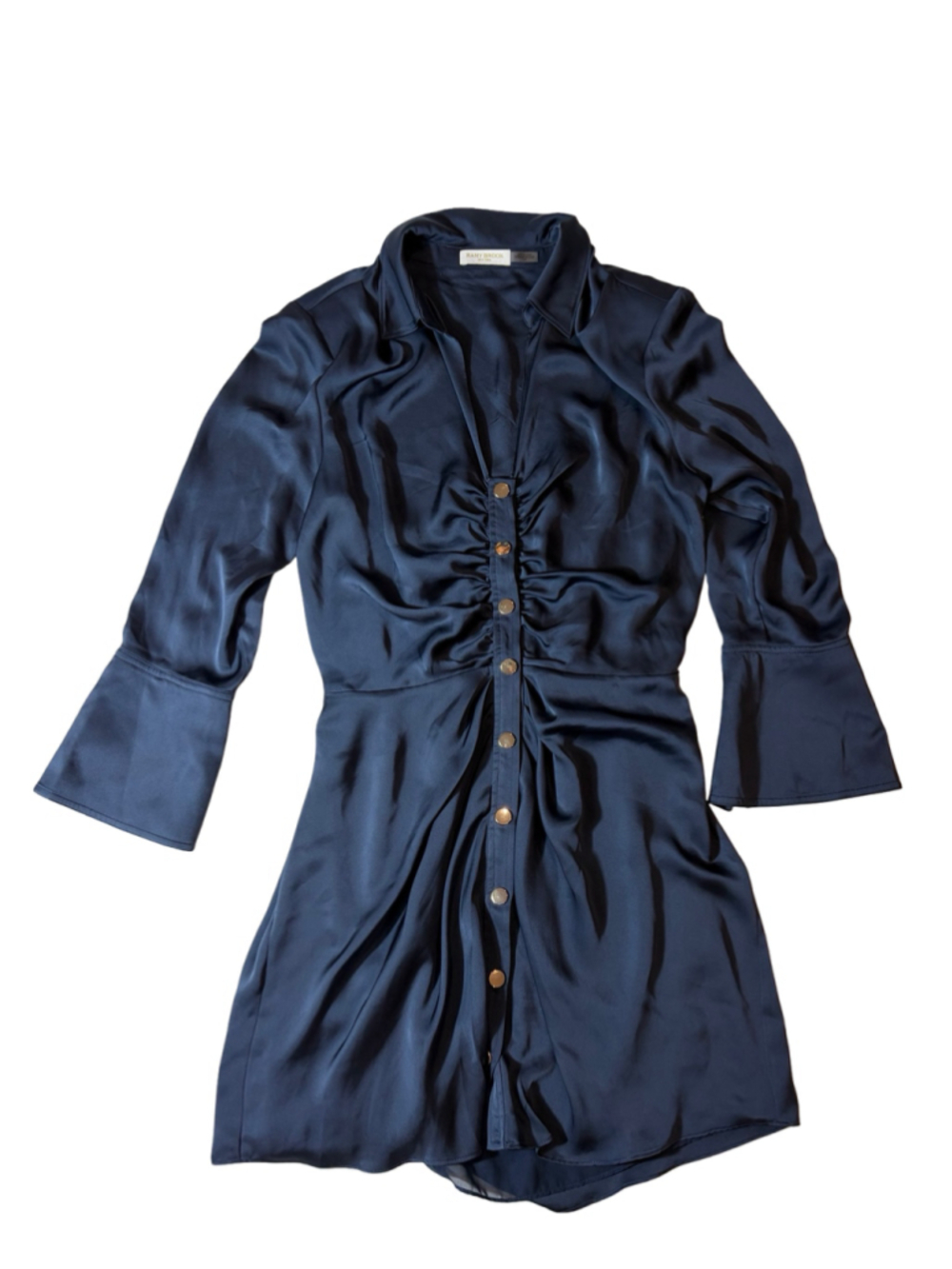 Ramy Brook Katelyn Navy Satin Ruched Long Sleeve Mini Shirtdress Large